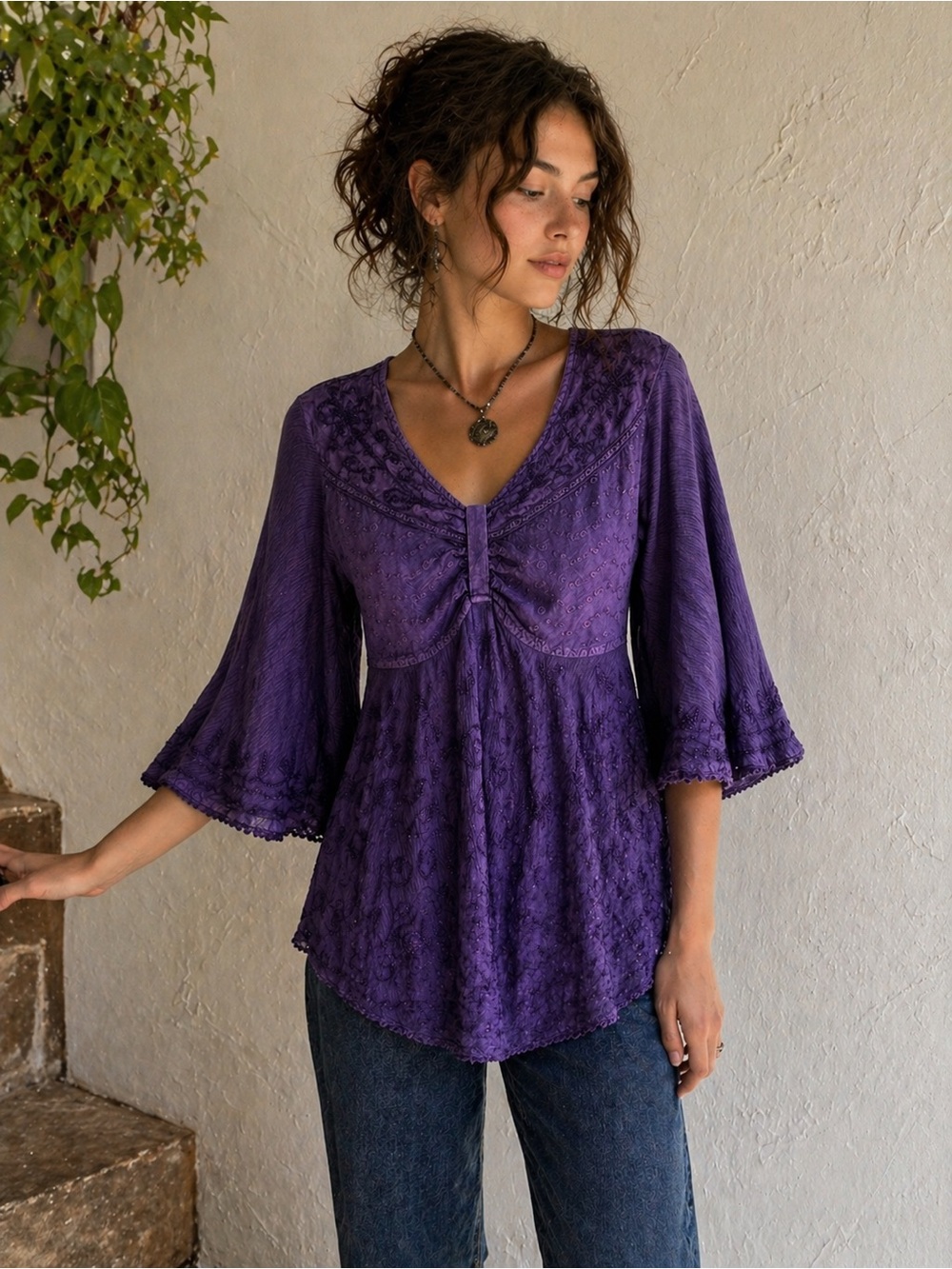 Kirat Purple Embroidered Boho Tunic Top Fairycore Whimsigoth Bell Sleeve Sz S